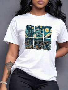 A Vibrant Night Cityscape With Skyscrapers And A Swirling Starry Sky. This Fusion Of Urban Energy And Cosmic Magic Creates A Captivating Dreamlike Atmosphere. Women's 100% Cotton T-Shirt, Maija Women's Curvy Style. - 白色 - 查看 7