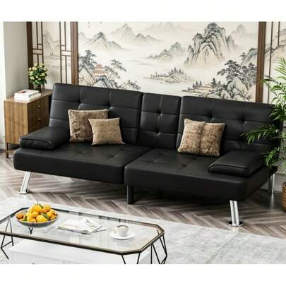 Black Faux Leather Sofa Bed, Adjustable Recliner Couch With Removable Armrests & Dual Cup Holders, Multi-Functional Sleeper Sofa For Living Room Office Apartment