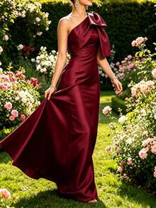 Elastic Satin Asymmetric Neck Fitted Cocktail Dress - Burgundy - View 5
