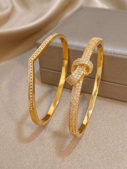 18K Gold Plated Full Diamond Knot Bangle Bracelet, Girl's Bracelet, Charming Bracelet, High-End Luxury Jewelry, Copper Bracelet, Suitable For Daily Wear, Parties, Vacation Season, Girl's Beach Accessories, Summer Accessories, Birthday Gift, Mother's Day Gift, Valentine's Day Gift, Girlfriend Gift, Bohemian Style Jewelry