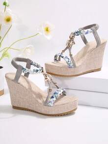 Women's Fashion Round Toe Open Toe Summer Plus Size Bohemian Style Platform Wedge Sandals - Blue - View 4