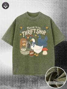 Camiseta de mujer - Camiseta de algodón lavado de 230 g, disponible en varios colores. Esta camiseta presenta un diseño de patrón de estilo vintage, con un llamativo estampado frontal que dice "Llévame a la tienda de segunda mano" y una linda ilustración de un pato blanco debajo para un toque casual. - marrón café - Ver 8