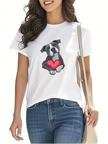 Pitbull Heart Print T-Shirt, Short Sleeves And Round Neck, Women's Clothing, Modern And Versatile, Casual And Comfortable, Suitable For Daily Wear, At Home, Outings And Dates, Pure Cotton T-Shirt With Print For Women. - 白色 - 查看 1