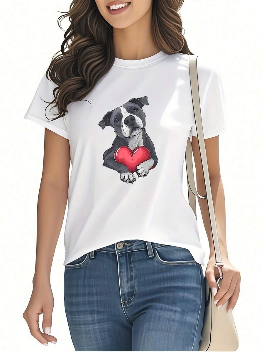 Pitbull Heart Print T-Shirt, Short Sleeves And Round Neck, Women's Clothing, Modern And Versatile, Casual And Comfortable, Suitable For Daily Wear, At Home, Outings And Dates, Pure Cotton T-Shirt With Print For Women. - 白色 - 查看 1