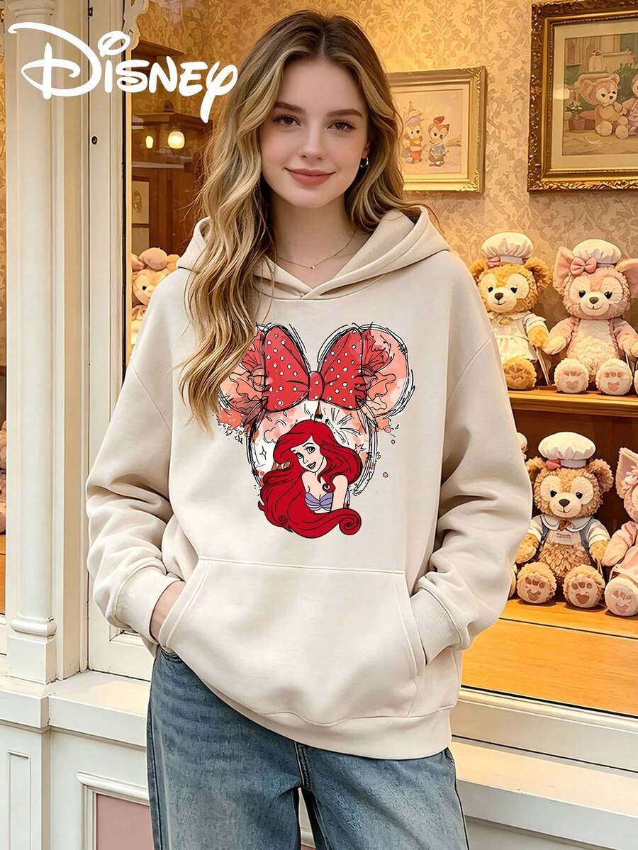 Women's Winter Fashionable Long-Sleeve Hoodie, Made Of Soft And Comfortable Fabric, Suitable For All Seasons, Versatile For Various Occasions, Printed With Disney The Mermaid Ariel And Minnie Mouse Ear Pattern. - 杏色 - 查看 1