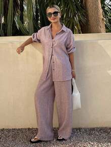 Conjunto de 2 piezas de estilo occidental de playa de primavera y verano con estampado azul, de lino holgado para mujeres, conjunto de ropa de descanso para mujeres - Rosa - Ver 5