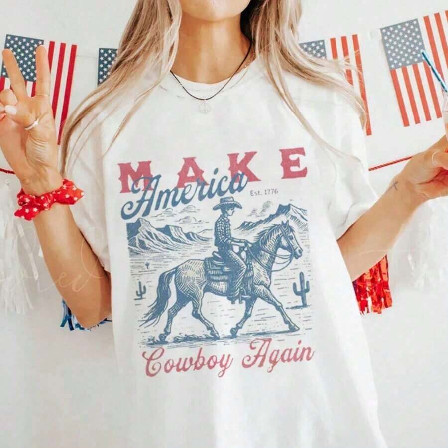 Camiseta de Mujer Estilo Americano, Holgada, de Verano, Vintage, para el 4 de Julio, con Estampado Gráfico Divertido 'Derramando el Té Desde 1773', Estilo Hippie - Blanco - Ver 1