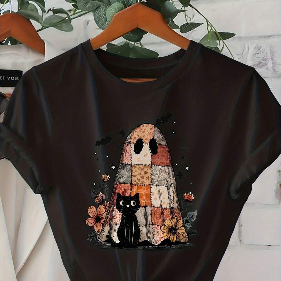 Women's VintageInspired Cute & Clothes Cat TShirt Soft Dark Gray Spooky Shclothest Sleeve Top With Tclothesiilike Kokeshi DollsInspired Ghosts & Kitte - 黑色 - 查看 1