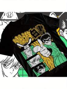 Camiseta de Anime y Manga Yu Yu Hakusho - Negra, con Personajes como Hiei, Kuwabara, Kurama, Yusuke - Cuello Redondo, Apta para Lavado a Máquina, Estilo Y2k - Blanco - Ver 1