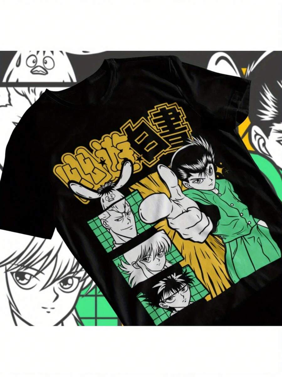 Camiseta de Anime y Manga Yu Yu Hakusho - Negra, con Personajes como Hiei, Kuwabara, Kurama, Yusuke - Cuello Redondo, Apta para Lavado a Máquina, Estilo Y2k - Blanco - Ver 1