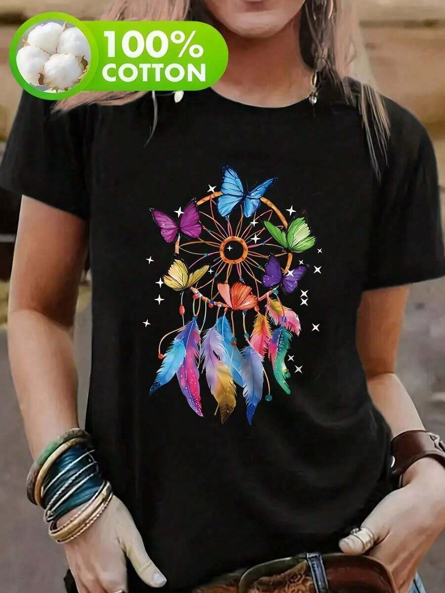 1pscCamiseta Casual con Patrón de Mariposa, Cuello Redondo, Manga Corta, Ropa de Mujer, Ajuste Regular, Apta para Todas las Estaciones100%cotton100% Cotton100% Cotton100% Cotton - Negro - Ver 1