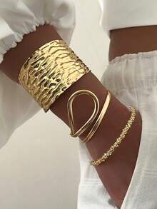 3pcs Vintage Elegant Casual Women Metal Foil Wrinkle Shiny Asymmetrical Geometric Line Metal Bracelet, Suitable For Women's Daily Casual, Party, And Holiday Wear - Gold - View 3
