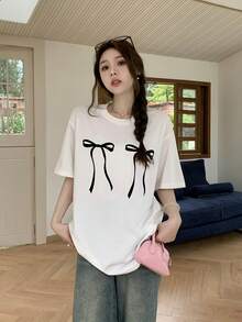 Popular Top de Verano para Mujer con Estampado de Lazo, Estilo Perezoso, Holgado, Camiseta de Manga Corta - Blanco - Ver 4