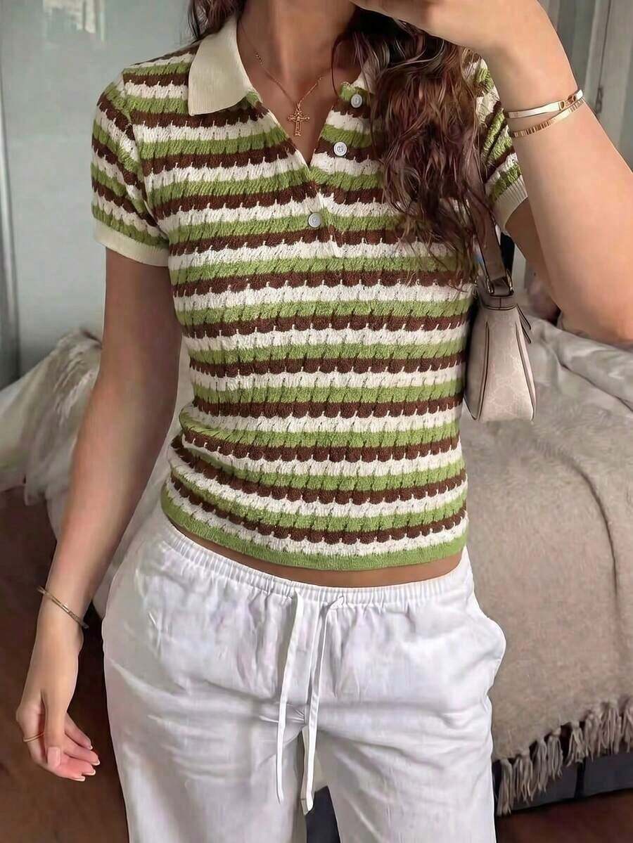 Polo de manga corta de punto casual con rayas retro y colores contrastantes, esencial para el trabajo, las vacaciones y el uso diario en verano. - Fruta Verde - Ver 1