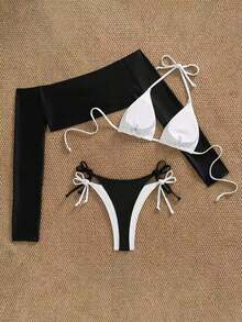Conjunto de 3 piezas de traje de baño negro y blanco para mujer, conjunto de traje de baño casual y sexy de 3 piezas para resort de playa, conjunto de traje de baño de 3 piezas para mujer, Bottom de traje de baño para mujer, conjunto de playa negro y blanco para mujer - Blanco y Negro 2 - Ver 5
