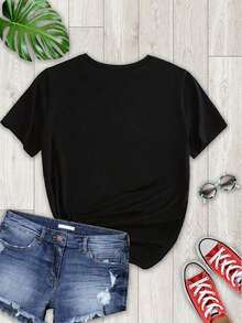1 pieza de camiseta de manga corta con estampado de corazones para mujer, para verano, casual, negra, 180g, 100% algodón, los diseños están completamente impresos. Unisexo. - Negro - Ver 3