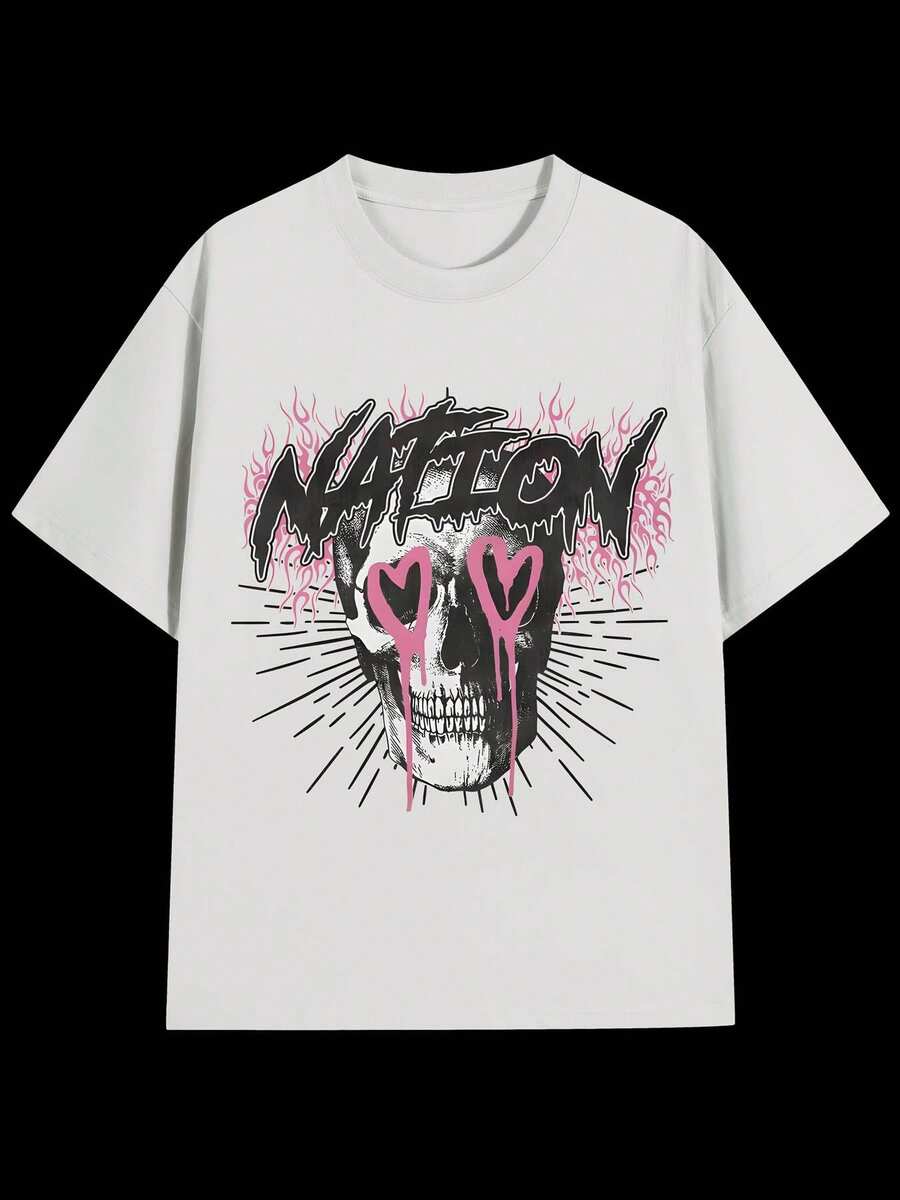 Camiseta de Algodón para Hombre Inspirada en Y2K para el Día de San Valentín - Suave y Cómoda, Ropa Casual Urbana con Gráfico de Corazón Rosa y Calavera, Camiseta de Manga Corta con Cuello Redondo, Perfecta para Fiestas al Aire Libre y Uso Diario, Atuendo para el Día de San Valentín Y2k Camiseta Camisa De - Blanco - Ver 1