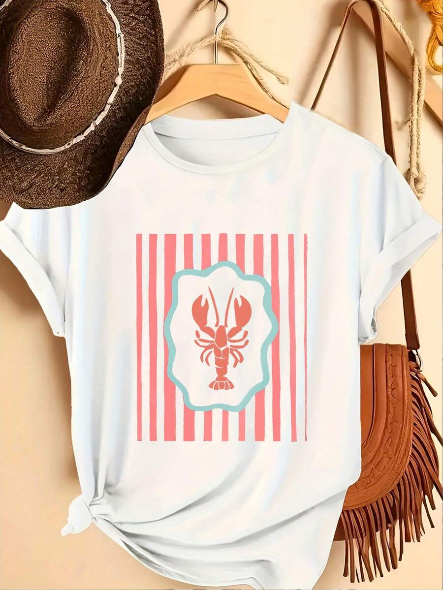 Una camiseta de manga corta holgada, elegante y casual, hecha de fibra, con un estampado de langostas, ideal para uso diario y actividades al aire libre. - Blanco - Ver 1