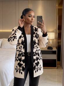 SHEIN Lady CURVE Áo khoác mỏng màu mơ hở phía trước, dáng rộng, thời trang cỡ lớn, in họa tiết vị trí màu đen, thích hợp mặc đi làm hàng ngày, mùa thu, mùa đông 2025 mới, mùa thu - Màu be - Xem 5