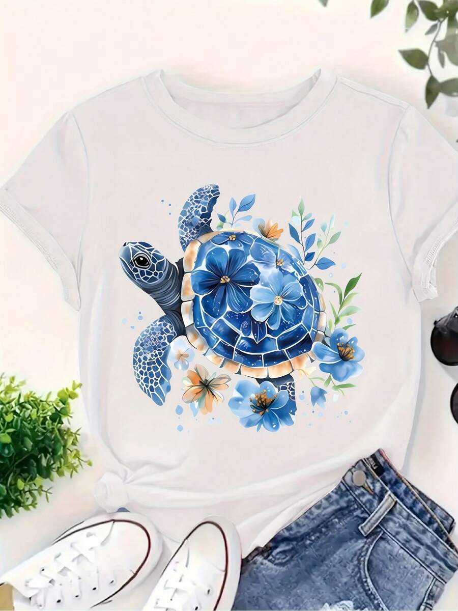 Women's Elegant Short-Sleeved Cotton T-Shirt With A Blue Sea Turtle Print - Marine Animal - Floral, Short Sleeves, Round Neck, Perfect For Casual Wear In Spring And Summer. - 白色 - 查看 1