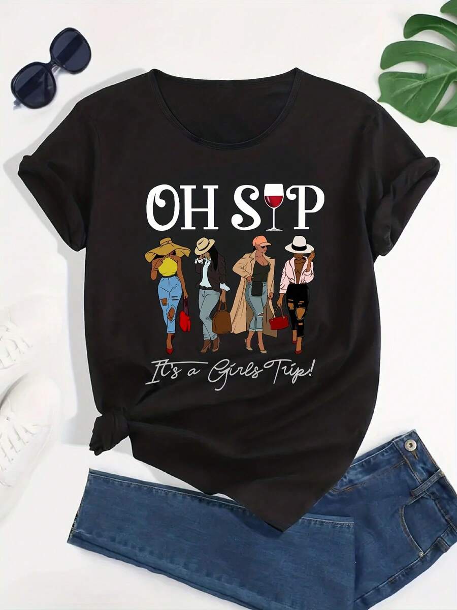 Women's Short-Sleeved Cotton T-Shirt, Casual Graphic Print Sports T-Shirts, Round Neck, Short-Sleeved Tops For Women, Women's Tops. - 黑色 - 查看 1