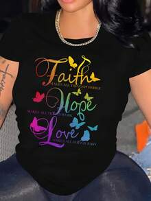 Women's Short-Sleeved Cotton T-Shirt With A Gradient Print Of Faith, Hope And Love, Round Neck, Short-Sleeved T-Shirt, Casual Sports Tops, Women's Clothing. - 黑色 - 查看 6