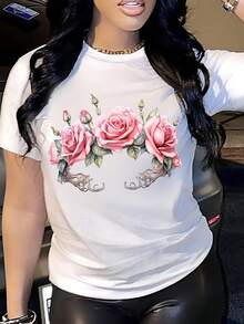 Women's Short Sleeve Cotton T-Shirt, 1 Piece, With Rose Floral Print - Casual Round Neck T-Shirt, Knit Fabric, Regular Length, Breathable And Comfortable For All Seasons. - 白色 - 查看 6