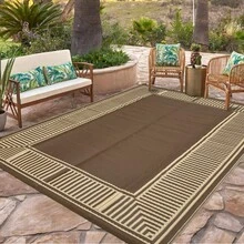Modern Bordered Outdoor Area Rug UV Resistant Waterproof Pet Friendly Lightweight Reversible Mat For Balcony Garden Picnic RV Trip Beach Vacation Patio Backyard - Peony Brown Coffee - View 2