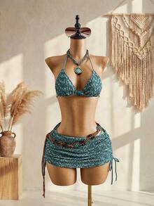 2026 Spring/Summer New Colorful Hollow Mesh Halter Tie Waist Skirt Women 3 Pieces Cute Set Vacation - Blue-green - View 6