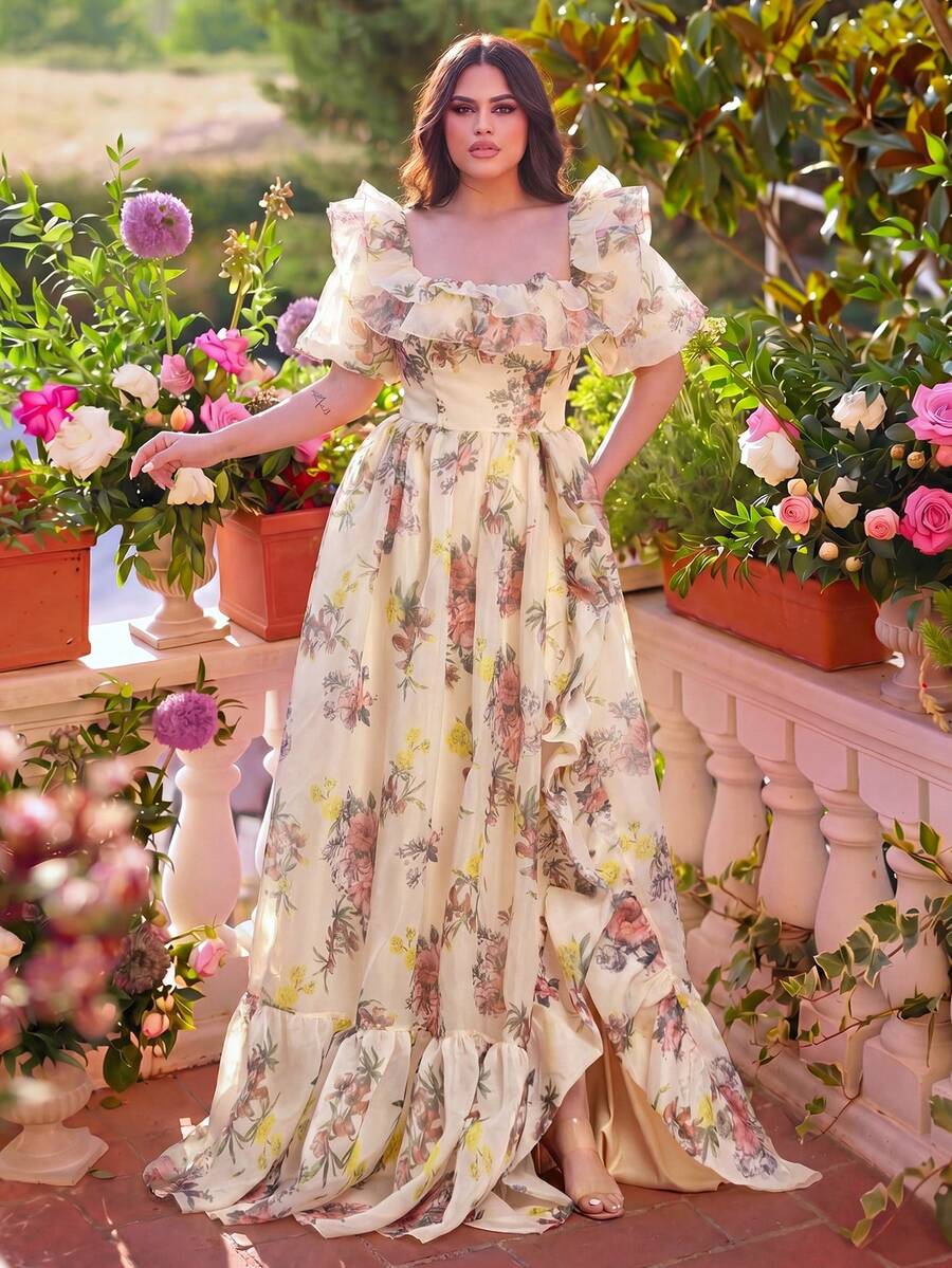 Faeriesty Đầm dạ hội cỡ lớn tay bồng xếp ly họa tiết hoa bằng vải lưới - Màu be - Xem 1