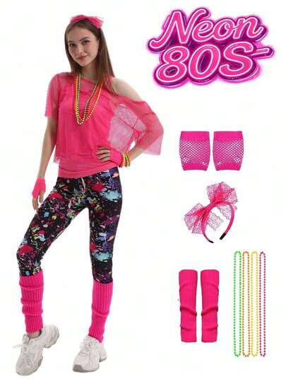 80s Retro Neon Mesh Top Set, 80s Women's Clothing, Suitable For Halloween Cosplay Party 80s Outfit Accessories