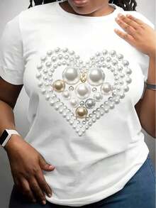 1 Piece Of White T-Shirt With A Pearl Heart Design And Elegant Pearl Pattern For Casual Wear. 180g 100% Cotton, The Patterns Are Fully Printed. Unisex. - 白色 - 查看 1