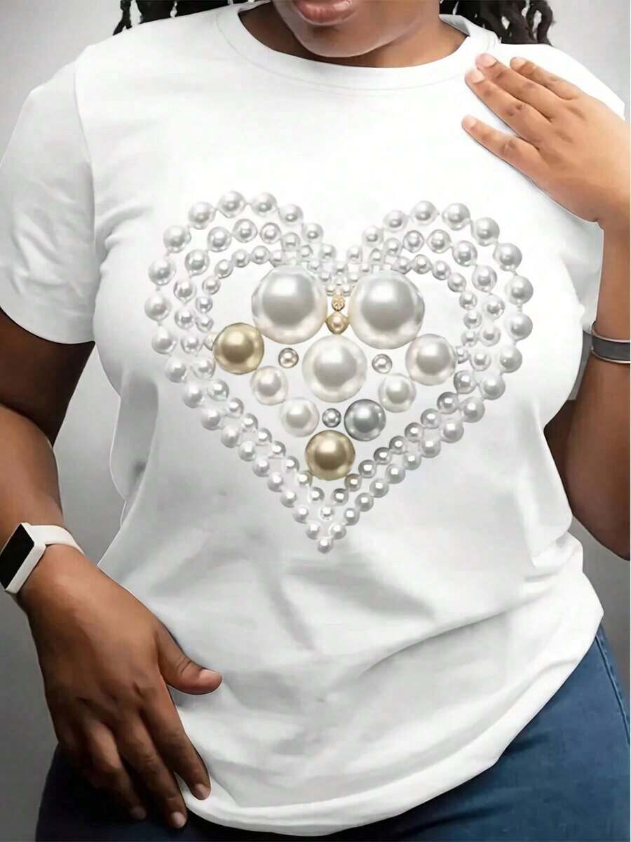 1 Piece Of White T-Shirt With A Pearl Heart Design And Elegant Pearl Pattern For Casual Wear. 180g 100% Cotton, The Patterns Are Fully Printed. Unisex. - 白色 - 查看 1