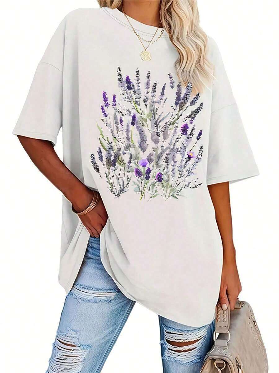 GiftTop Casual Short Sleeve Floral Print, Round Neck And Loose Fit, For Summer And Spring, Women's Clothing. Ideal As A Gift Women's T-Shirt Blouses>ElegantSoft - 白色的 - 查看 1