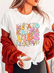 Camiseta de Mujer Estilo Hippie con Estampado "For KARMA Vibe" - Camiseta de Manga Corta con Estampado "Me & For KARMA Vibe Groovy", Semi-Transparente, Casual, para Verano y Primavera, Lavable a Máquina, Ideal para Festivales de Música y Ropa de Playa (Estilo) - Blanco - Ver 7
