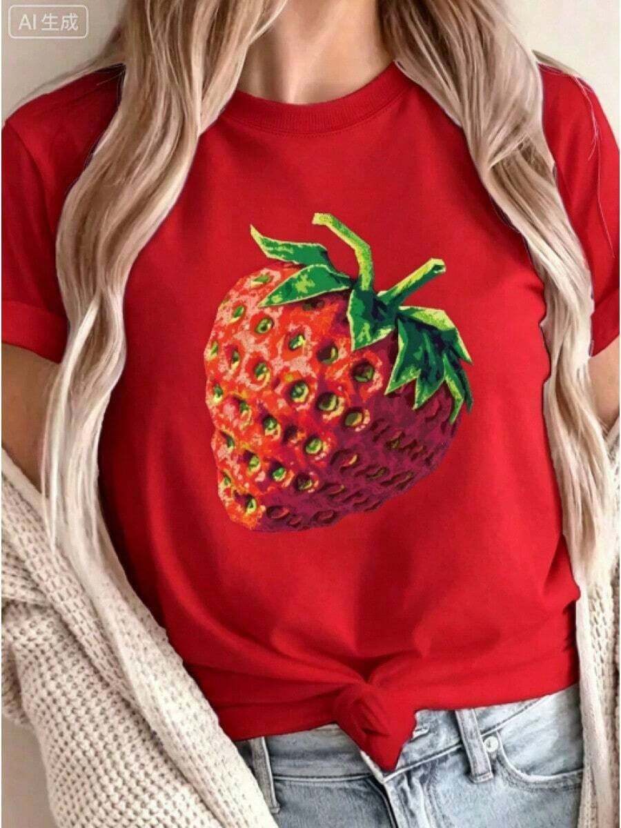 Vintage Holgada Camiseta Mujer Letras Casual Diario% Cotton Strawberry Print Round Neck-Shirt, Spring And Autumn Casual Short Sleeve-Shirt, Women's Clothing Softstyle Casual Tee Short SleeveOversize Camiseta Mujer Estampado 100% Algodón Puro - Rojo - Ver 1
