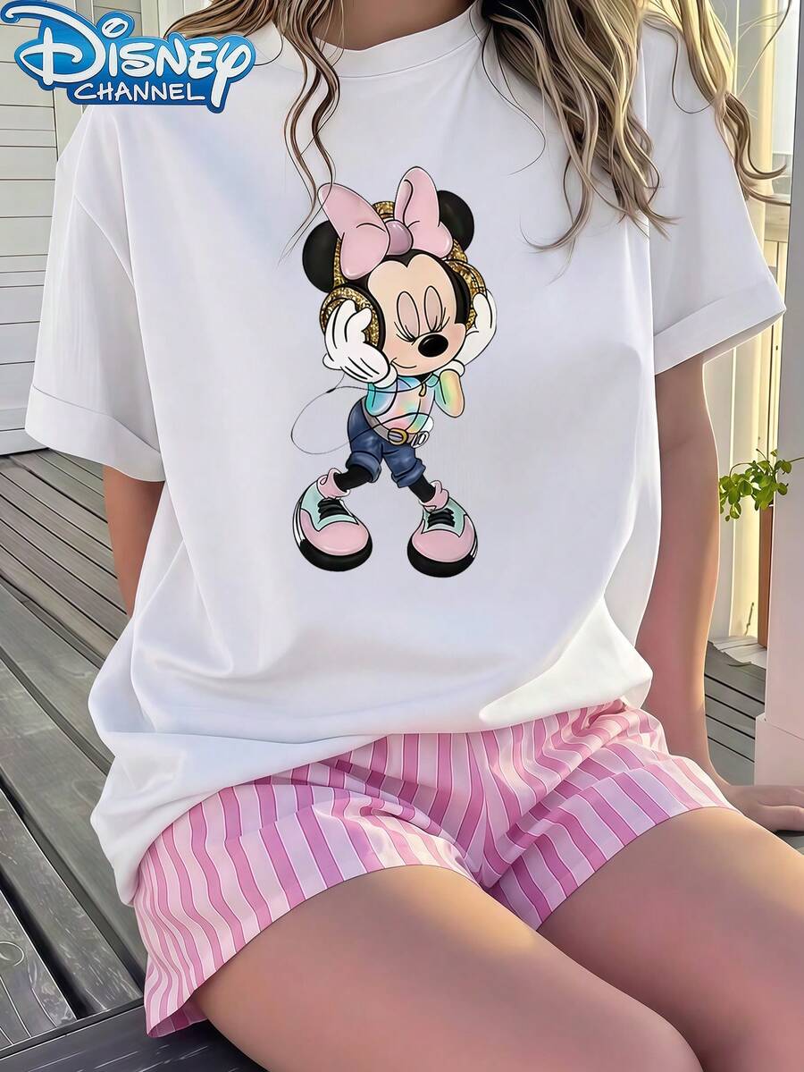 Disney 1pc Teen Girls Cute Minnie Mouse With Headphones Print Short Sleeve Casual T Shirt Tops For Teen Girls Clothes For Teen Girls Teen Clothes Summer - trắng - Xem 1