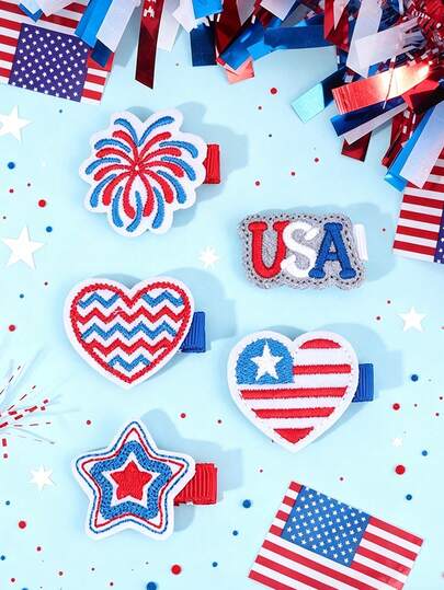 5PCS 4th Of July Embroidered Hair Clips Memorial Day Mini Love Fireworks Stars USA Hair Barbettes Independence Day Party Hair Accessories Exquisite Cute Hair Clips National Flag Day Hairpins Holiday Hair Accessories