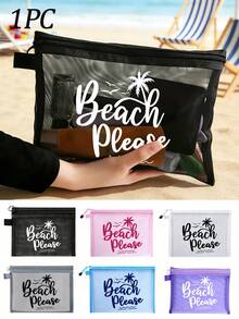 多色時尚網格海灘包，印有「Beach」文字的化妝包，海灘主題。大容量透明化妝包，尼龍拉鍊化妝包，輕巧，可存放防曬霜、零食、比基尼和海灘必需品。春/夏儲物，耐用，非常適合游泳、海灘、潛水和夏季假期，學生返校，輕巧防曬儲物包，適合朋友、母親節、返校季節 - 彩色 - 查看 10