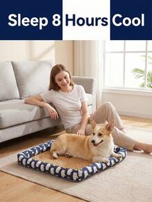 Dog Cooling Mat With Non Slip Bottom And Raised Edge Pillow Durable Woven Dog Bed For Small To Medium Pets Washable Dog Crate Pad Ideal For Indoor Floor Use Breathable Pet Cooling Mat Cat Bed Essentials Puppy Dog Stuff Supplies - Khaki - View 11