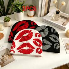 3 chiếc mũ len unisex họa tiết môi, phong cách thời trang đường phố Y2K, quà tặng đạp xe, mũ len acrylic phong cách Bohemian cho mọi mùa. - A - Xem 1
