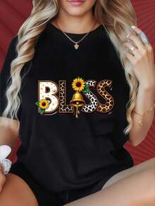 Camiseta de mujer con estampado de flores de girasol y leopardo, camiseta gráfica de moda casual para mujer, top de verano, estilo llamativo, adecuada para reuniones familiares, fiestas de N - Negro - Ver 7