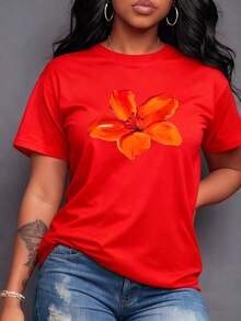 A Vibrant Orange And Red Flower Majestically Unfurls Its Petals, Symbolizing Passion, Vital Energy, And A Touch Of Radiant Nature That Enchants. Women's T-Shirt, 100% Soft, Cool Cotton, Perfect For Casual Summer Wear, Maija Women's Curvy Style. - 紅色 - 查看 7