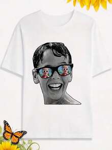Camiseta de Hombre con Estampado de Gafas de Espejo, Cuello Redondo, Ropa Casual, Apta para Todas las Temporadas, 100% Algodón Puro - Blanco - Ver 8