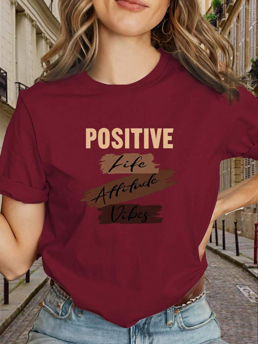 Women's Y2K Style T-Shirt With Geometric Print And Logo, High Quality Wholesale Designer Style, With The Phrase "Positive Lifestyle Vibe, Brown Lettering" - Slim Fit, Short Sleeve, Casual Summer T-Shirt In Black And Gold, Machine Washable Stretch Fabric (Wrinkle-Resistant), New 2026 Collection - 100% Breathable Cotton - 紅色 - 查看 1