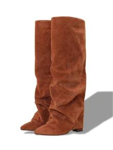 Shark Boots Women's Knee High Boots Fold Over Boots Slouchy Chunky High Heels Shoes Wide Calf Pointed Toe Shoes - 棕色絨面革 - 查看 7