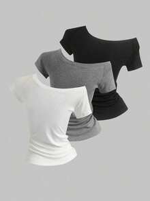 3 piezas Camisetas ajustadas con cuello asimétrico para mujer, tops básicos con cuello asimétrico en negro, blanco, rosa - Multicolor 2 - Ver 2