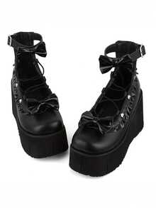 Womens Platform Ankle Boots Combat Gothic Punk Boots Round Toe Wedge Heel Bow Design Comfy Adjustable Strap Short Boots For Ladies Slip On Party Shoes Nightclub Wedding Dressy Outdoor Riding Hot Weather Breathable Summer Boots For Women - 黑色 - 查看 11