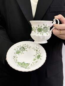 1 Conjunto de Xícaras e Pires com Borda Dourada Floral do Palácio, Conjunto de Louça de Porcelana Vintage, Xícaras de Café Elegantes com Flor Verde, Xícara e Pires de Leite para Café da Manhã, Adequado para Casa, Restaurante, Café, Loja de Sobremesas, Presente - Multicolorido - Visão 9