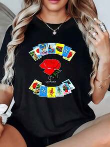 Rosa rodeada de cartas tradicionales de lotería mexicana que simbolizan amor suerte y vida colorida camiseta para mujer 100% algodón 220g - Negro - Ver 8